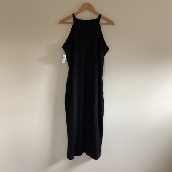 Old Navy Black High-Neck Halter Strap Side-Slit Midi Dress Sz XL Cotton Modal - Picture 5 of 13